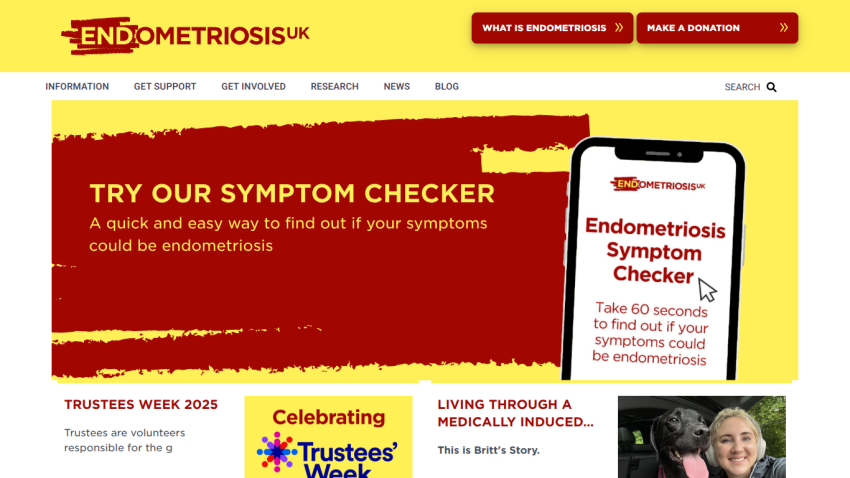 Endometriosis UK homepage with symptom checker call to action and navigation links