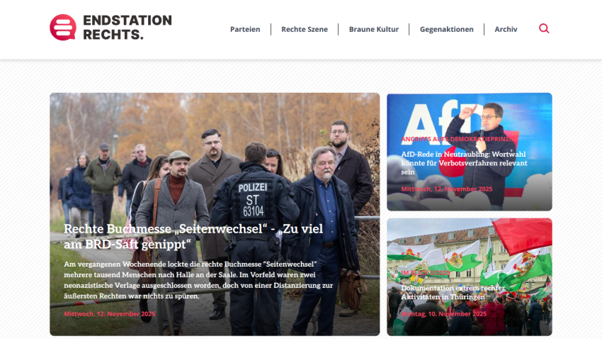 News site Endstation Rechts with articles on right-wing book fair, AfD speech, and right-wing activities in Thuringia
