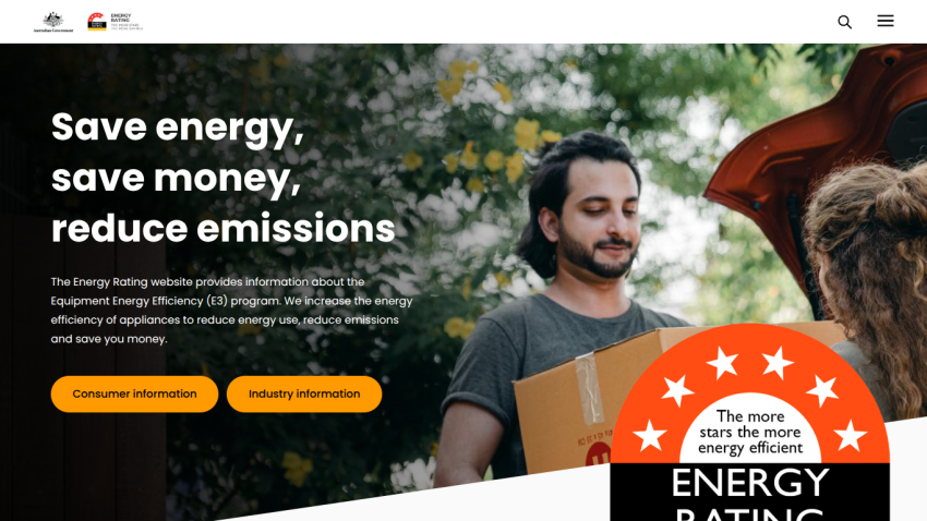 Energy Rating website promoting energy efficiency with headline, description, and consumer and industry info buttons