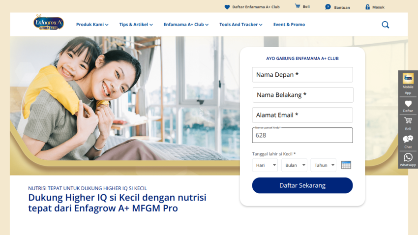 Enfagrow A+ website promoting nutrition for higher IQ in children with a registration form for Enfamama A+ Club