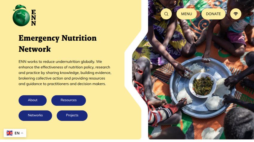 Emergency Nutrition Network homepage with mission statement and navigation buttons alongside image of people sharing food