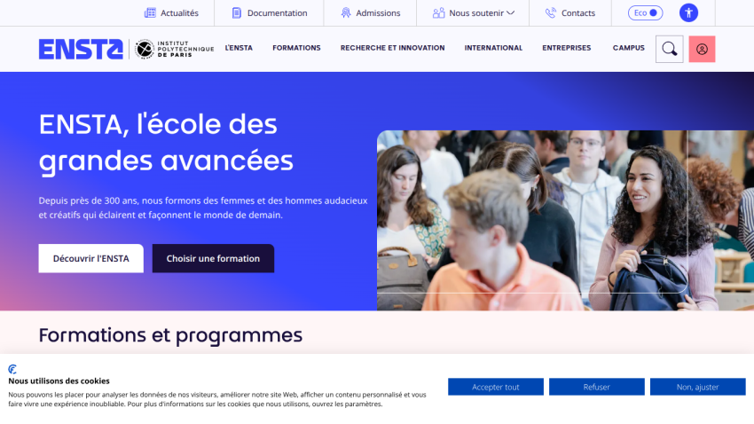 ENSTA Paris homepage with headline about advanced engineering school and buttons to discover programs and choose training