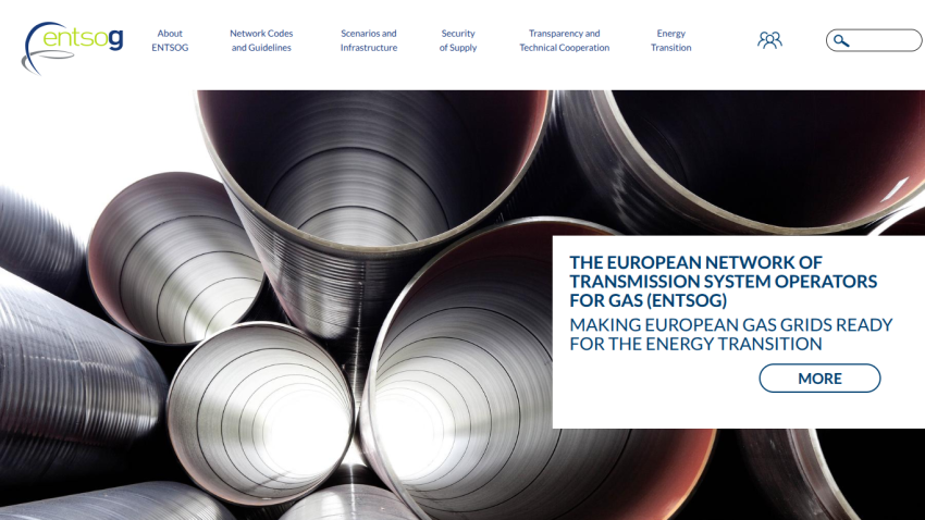 Homepage of ENTSOG with navigation menu and hero section about European gas grids and energy transition