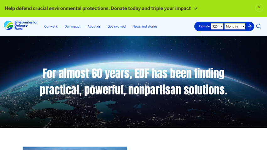 Environmental Defense Fund website header with navigation and hero text about 60 years of nonpartisan solutions