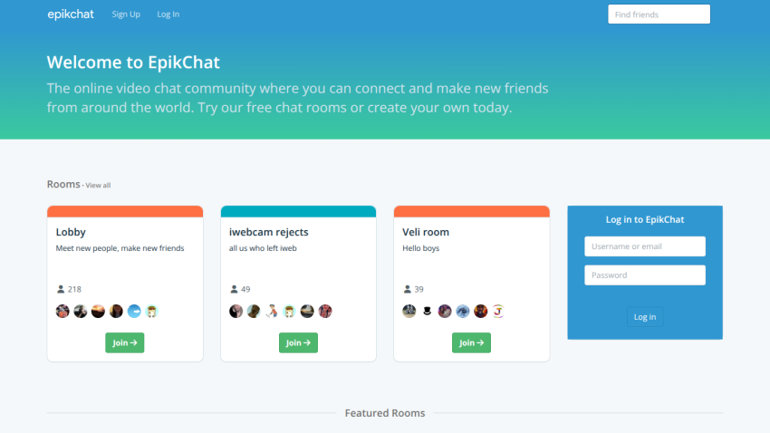 EpikChat homepage with welcome message, chat room options, and login form