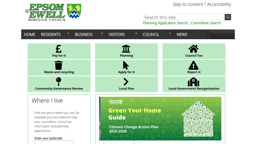 Epsom & Ewell Borough Council homepage with navigation menu and Green Your Home climate action guide banner.