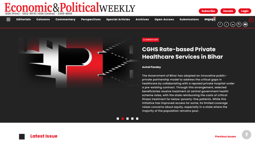 Homepage of Economic & Political Weekly featuring an article on healthcare services in Bihar.
