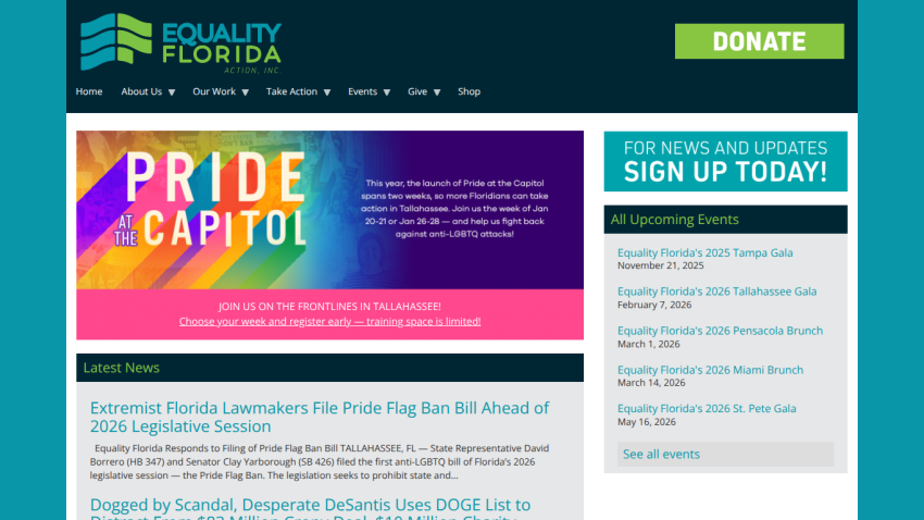 Equality Florida homepage with Pride at the Capitol event announcement, latest news on LGBTQ legislation, and upcoming events list