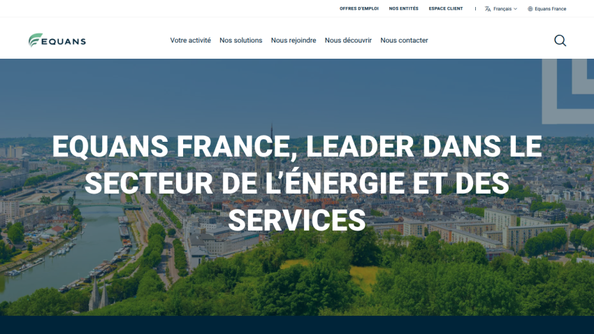 Equans France homepage with navigation menu and headline about leadership in energy and services sector over cityscape background