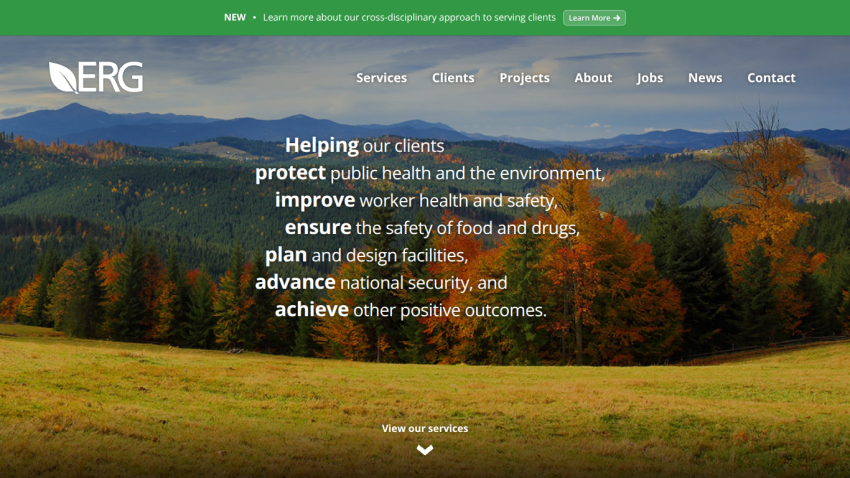 ERG website hero section with navigation and text about helping clients protect health, environment, and safety