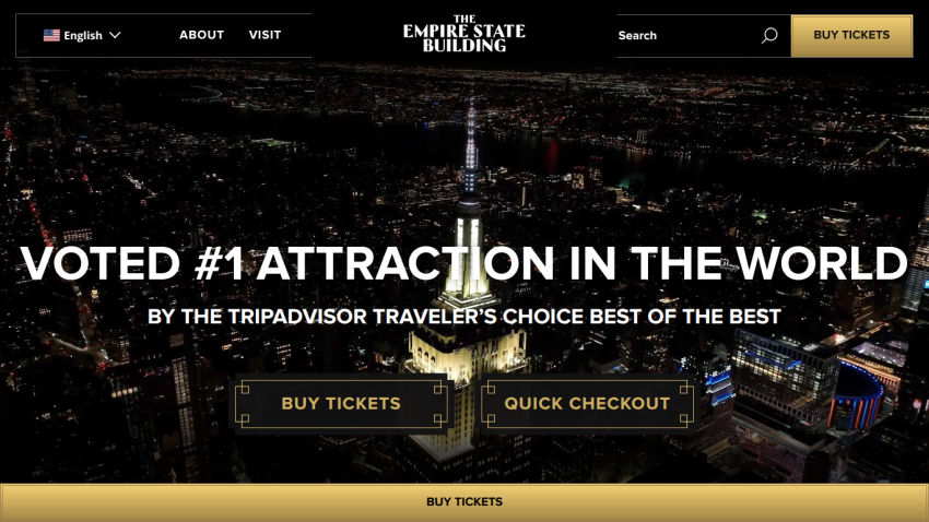 Empire State Building website showcasing top attraction status with ticket purchase options.