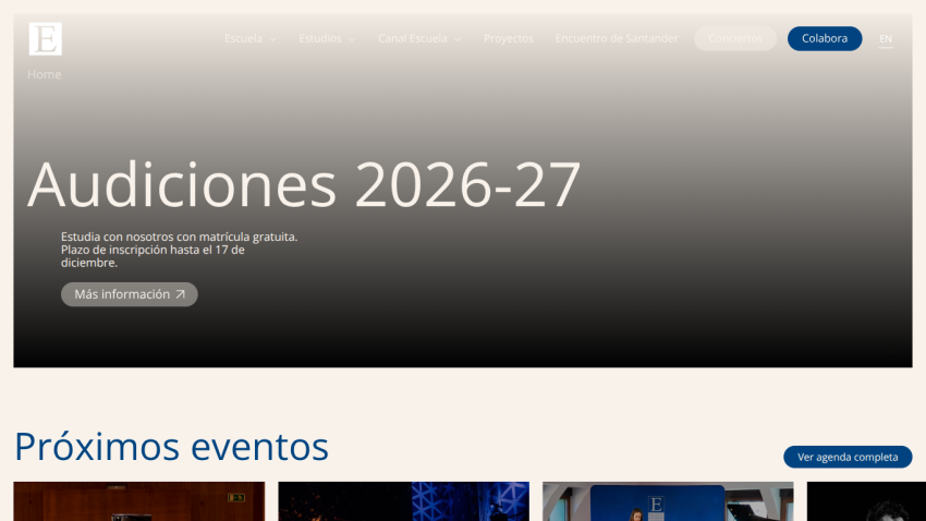 Website promoting auditions for 2026-27 with free enrollment and a December 17 deadline, plus upcoming events section