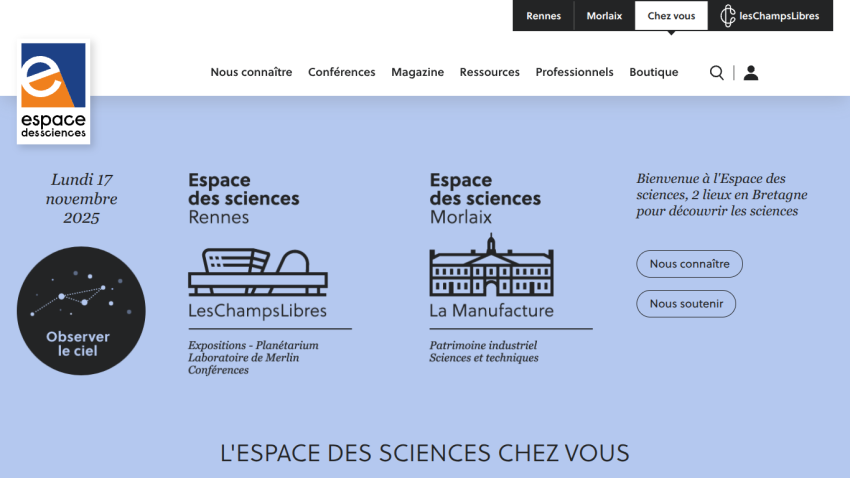 Espace des sciences website showing locations in Rennes and Morlaix with event date and options to learn more or support