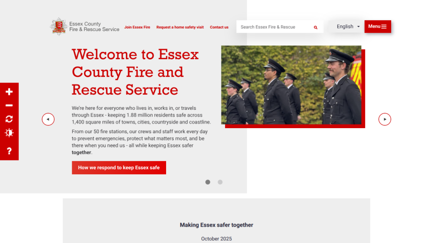 Essex County Fire and Rescue Service homepage with welcome message, safety info, and image of uniformed firefighters.