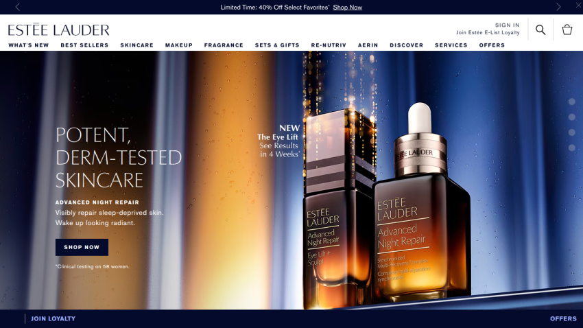 Estee Lauder skincare products with a focus on potent, derm-tested formulas.