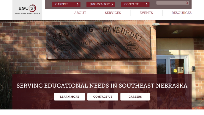 Educational Service Unit 5 website serving educational needs in Southeast Nebraska with navigation and contact options