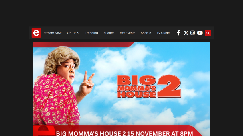 Streaming site promoting Big Momma's House 2 movie airing 15 November at 8PM with navigation and social icons