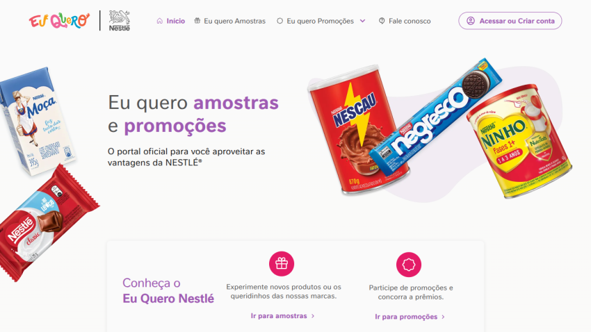 Nestlé promotional page offering samples and discounts with product images and navigation links