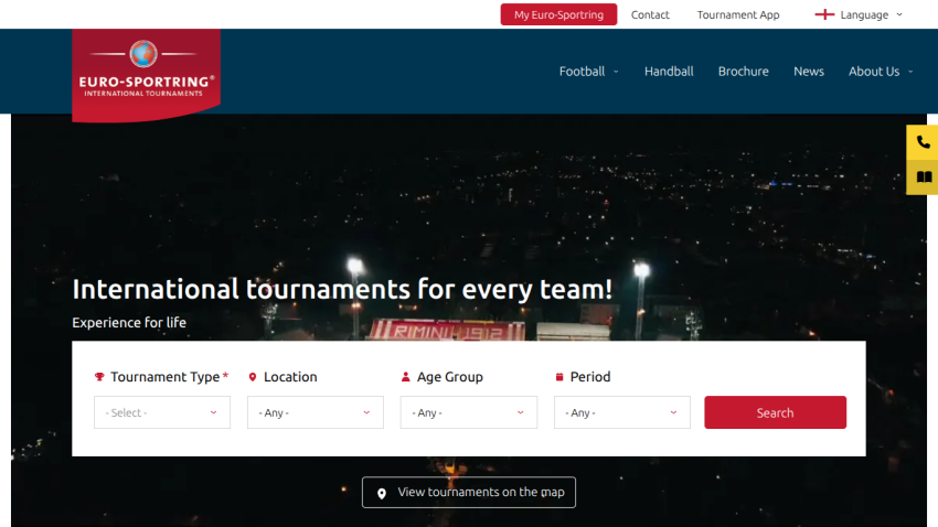 Euro-Sportring homepage with navigation and search form for international tournaments by type, location, age group, and period