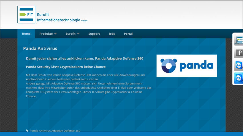 Eurofit Informationstechnologie website showing Panda Antivirus with Adaptive Defense 360 protection details