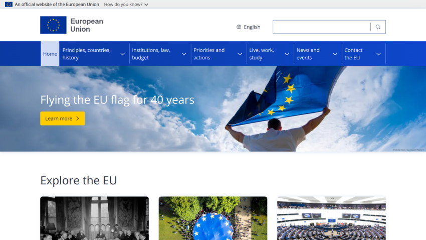 EU website homepage featuring a banner about flying the EU flag for 40 years.