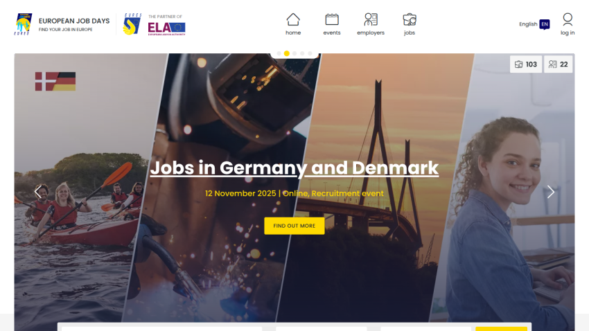 Website header with navigation and hero section promoting jobs in Germany and Denmark with a call to action button