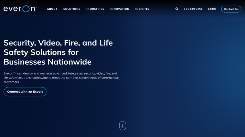 Homepage hero section for EverOn offering security, video, fire, and life safety solutions with call to action button