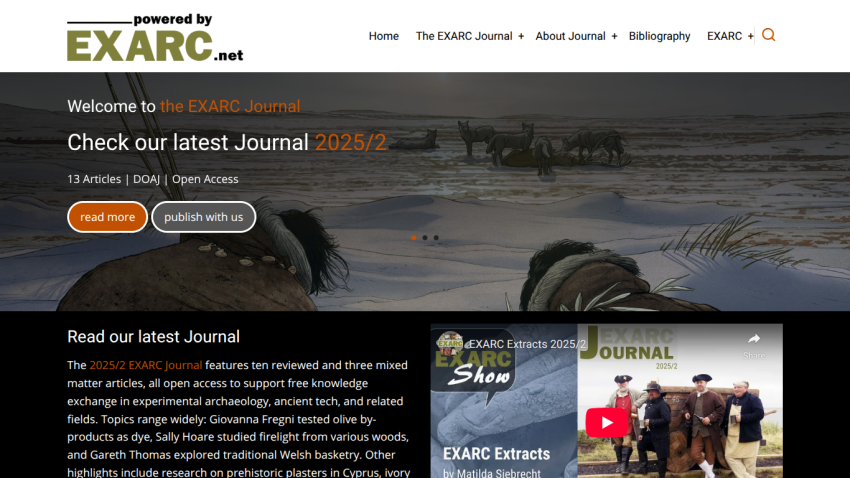EXARC Journal homepage featuring latest 2025/2 issue with article highlights and video extract