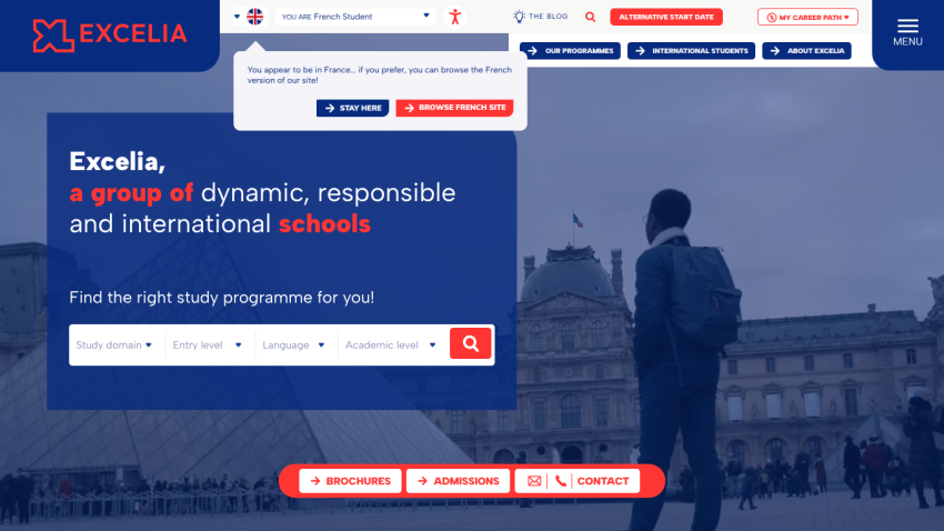 Excelia homepage with search for study programmes and navigation for programmes, international students, and about Excelia