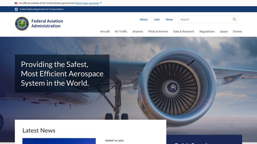 Federal Aviation Administration homepage featuring a jet engine and safety message.