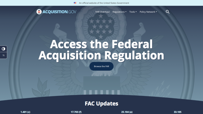 Government website homepage with navigation and a call to access the Federal Acquisition Regulation