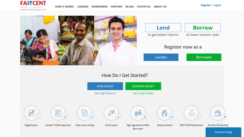 Faircent lending platform homepage with options to lend or borrow money, registration buttons, and step-by-step process icons