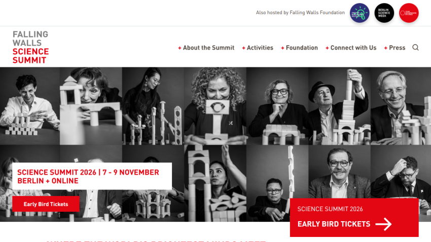 Falling Walls Science Summit homepage with event details, Berlin and online options, and early bird ticket buttons