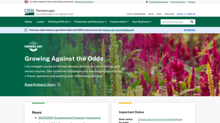 Farmers.gov homepage featuring a story about overcoming challenges with links to resources.