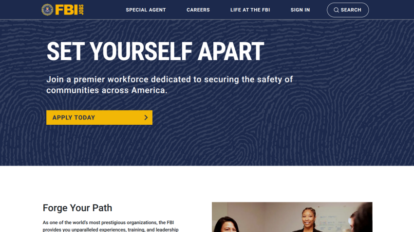 FBI recruitment page highlighting workforce opportunities with a call to action to apply.