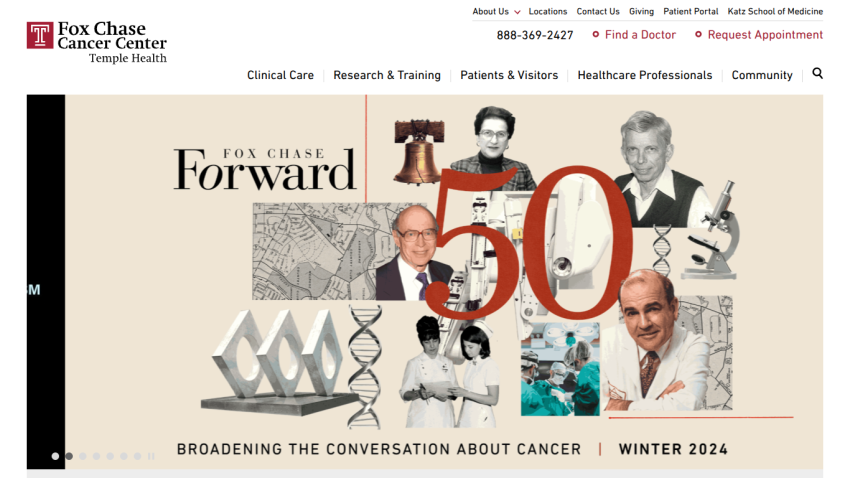 Fox Chase Cancer Center homepage with navigation, contact info, and a hero section celebrating 50 years of cancer research and care
