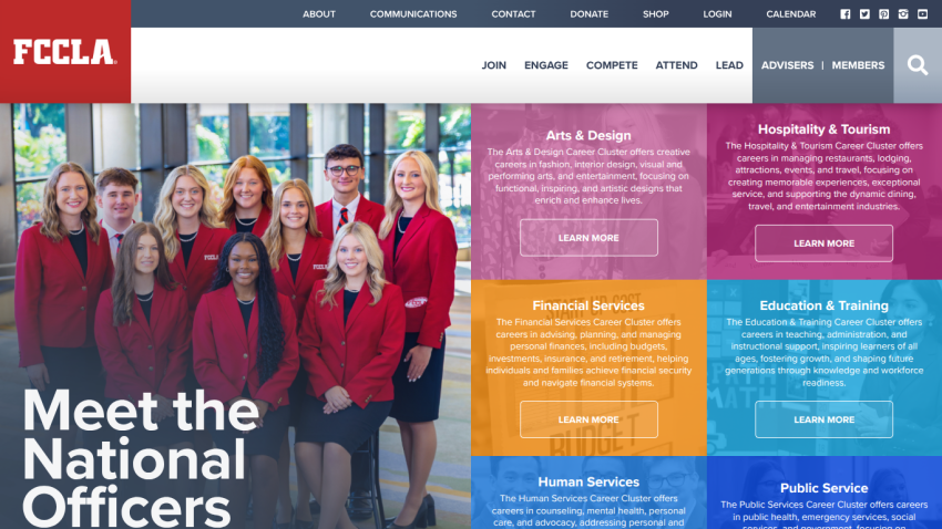 FCCLA homepage featuring Meet the National Officers with navigation menu and program areas