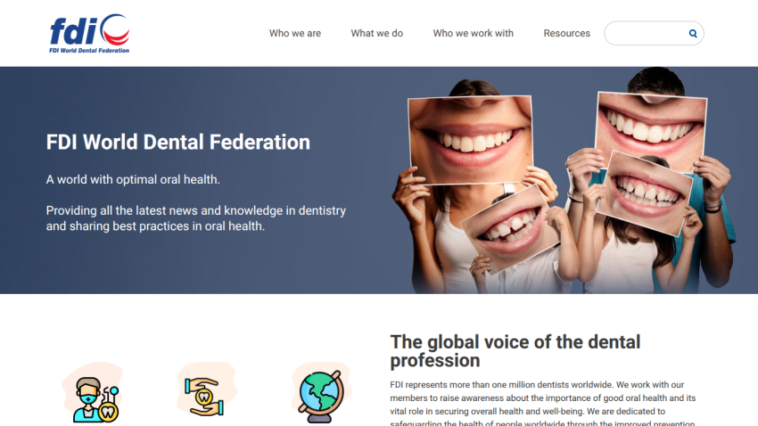 FDI World Dental Federation homepage with navigation and a hero section promoting optimal oral health and dental knowledge.
