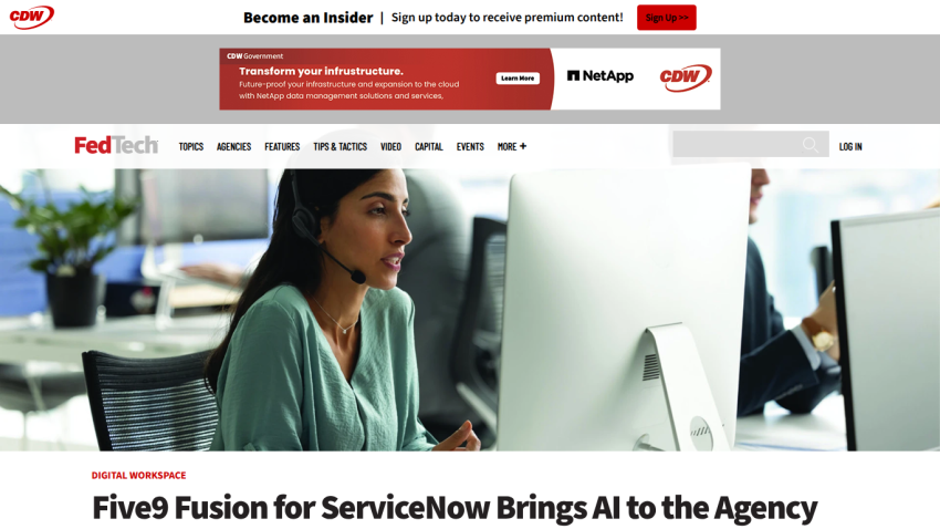 FedTech homepage featuring article on Five9 Fusion for ServiceNow AI integration with a woman working at a computer