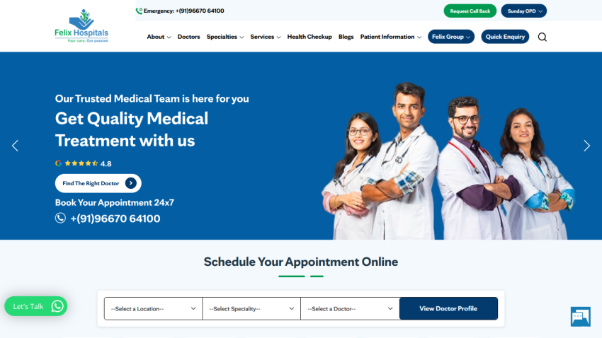 Felix Hospitals homepage with medical team photo, appointment booking, and contact info