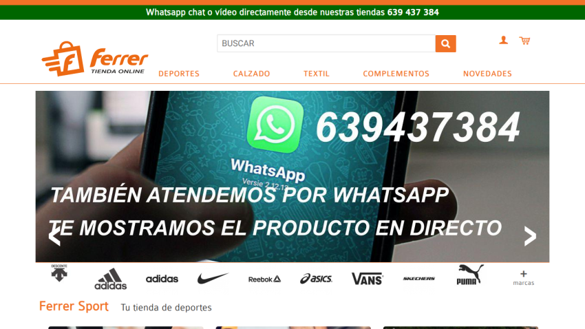 Ferrer Sport website header with navigation and WhatsApp contact info for live product demonstrations