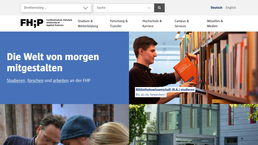 Homepage of FH P with a focus on future studies and collaboration, featuring a student holding a book.
