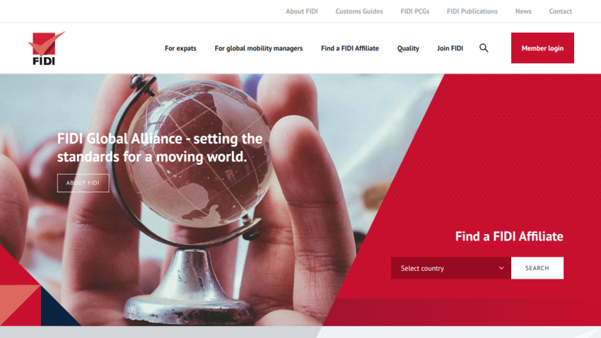 FIDI Global Alliance homepage with navigation, tagline about setting standards for a moving world, and affiliate search by country