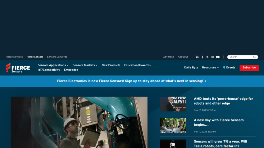 Fierce Sensors homepage with navigation, announcement banner, hero image of a worker with machinery, and recent sensor industry articles