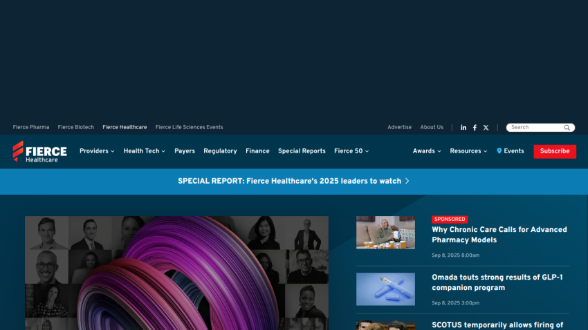 Fierce Healthcare homepage featuring news articles and a special report banner.