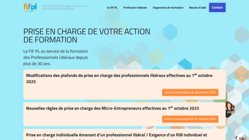 FIF PL website homepage offering training support for liberal professionals with updates on coverage rules effective October 2025.