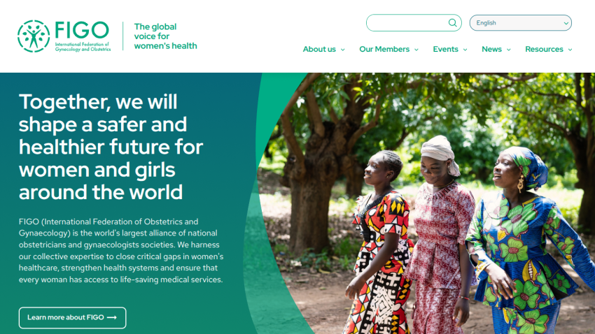FIGO website hero with mission statement on safer, healthier future for women and girls, and a call-to-action button