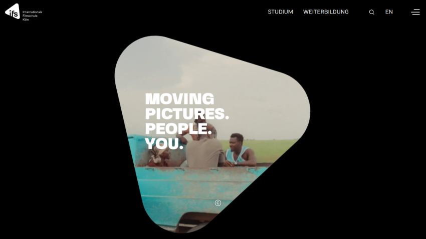 International Filmschule Köln website with navigation and hero text 'MOVING PICTURES. PEOPLE. YOU.' on black background