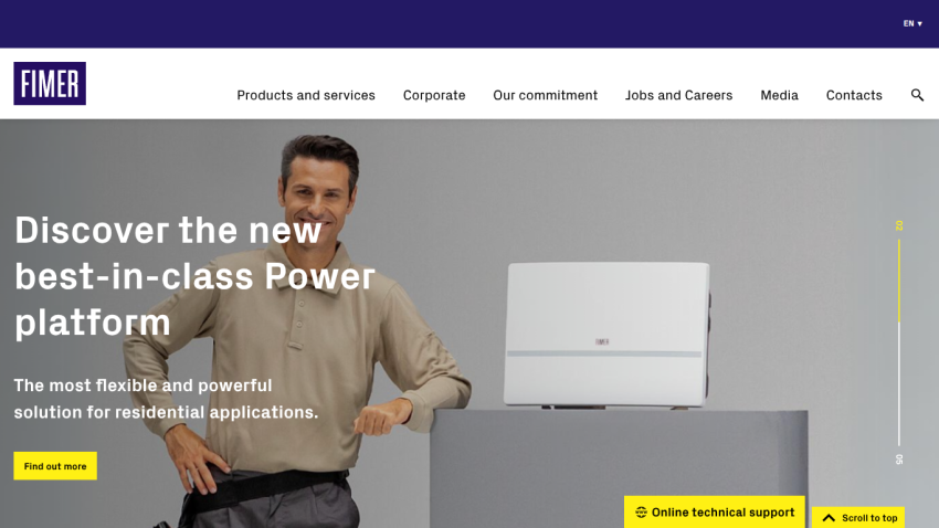 Homepage featuring a man presenting a power platform device with navigation menu and call to action