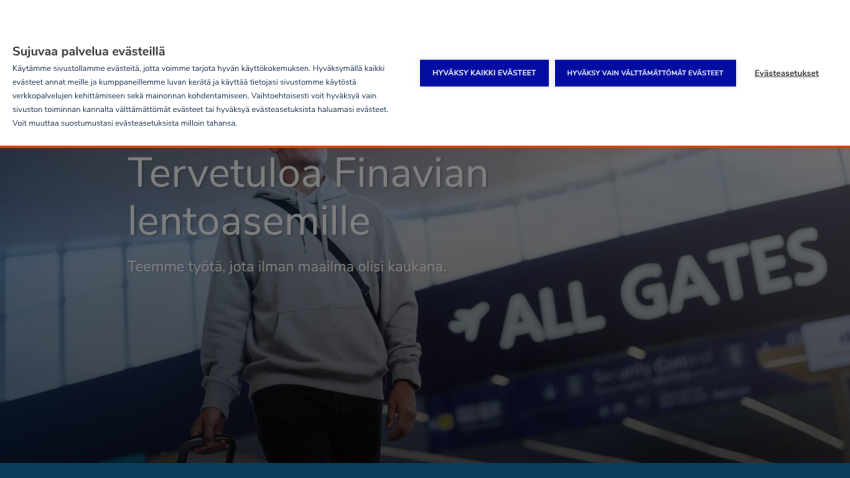 Welcome message for Finavia airports with a traveler and 'All Gates' sign.